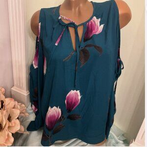 Coverstitched. Size Medium. Teal Cold Shoulder with Ties Long Sleeve Top. B46